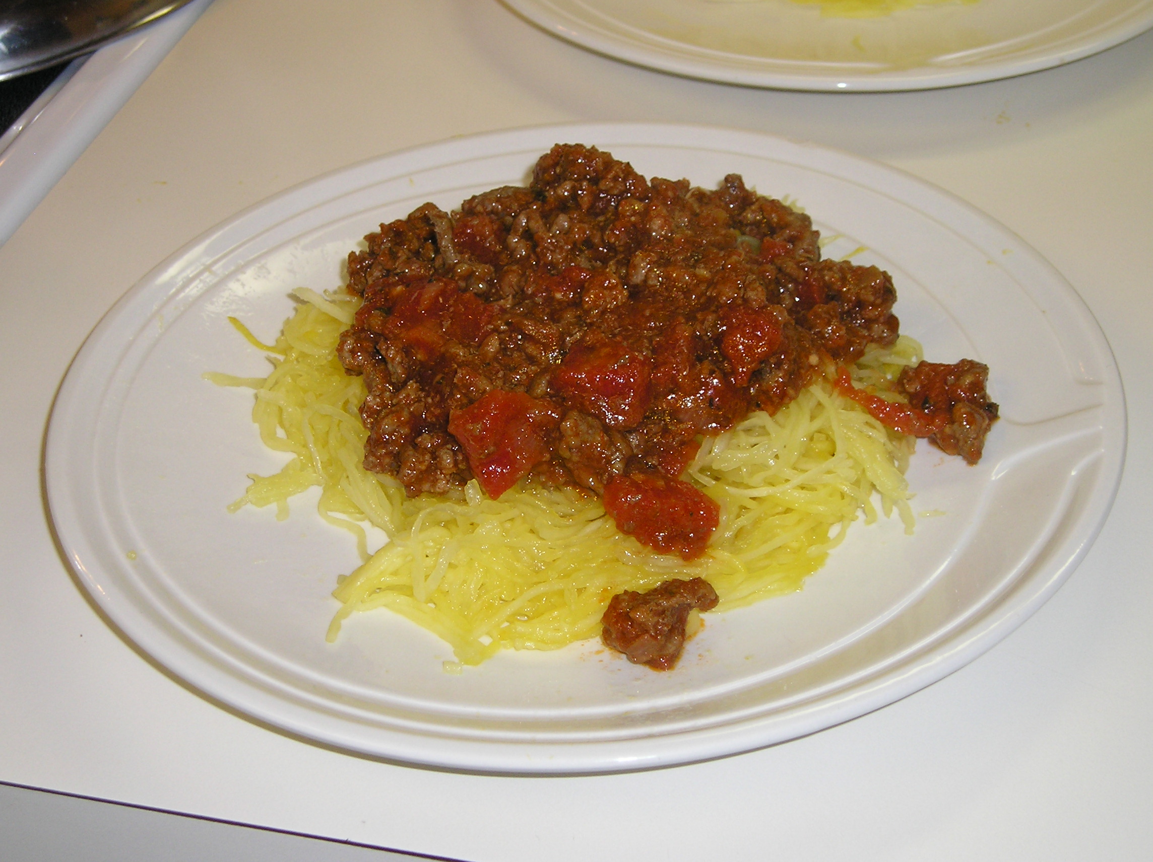 Meaty spaghetti sauce over spaghetti squash